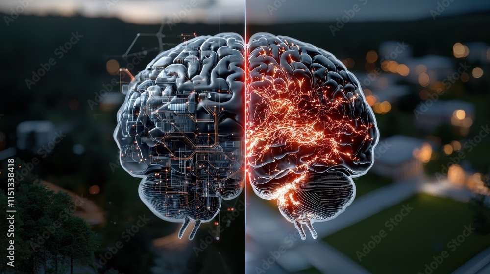 Poster futuristic digital and neural brain concept with technology and neural connections in a modern abstr