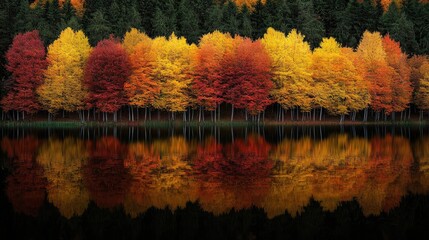 Fototapeta premium Autumn lake idea. Stunning autumn landscape reflecting vibrant trees in still water.