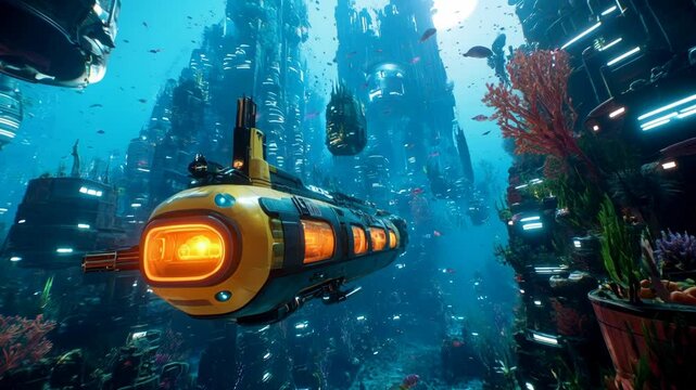 Futuristic Submarine Exploring a Vibrant Underwater City: A Journey into a Sci-Fi World
