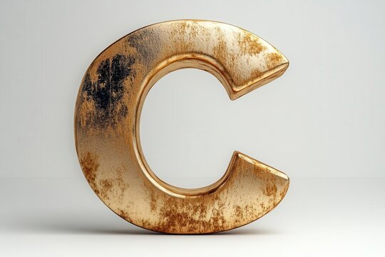 3d rendered letter 'c' made of newly brushed gold, standing elegantly against a pristine white background, showcasing luxury and sophistication in typography
