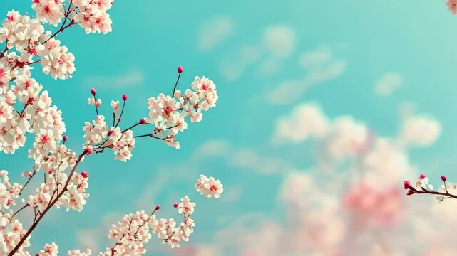 Beautiful cherry blossom or sakura tree branches on blue sky with copy space background in spring season