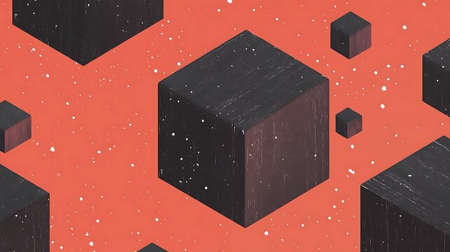 Abstract graphic design featuring dark cubes floating on an orange background with speckled texture. - Powered by Adobe
