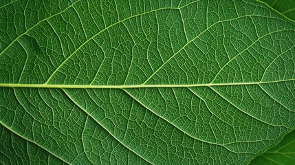 Green foliage concept. Close-up of a vibrant green leaf showcasing intricate vein patterns and textures.