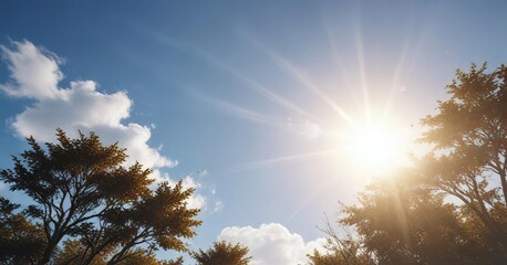 Obraz premium Blue sky with a bright sun shining radiantly overhead, cheerful mood, happy day, sunshine