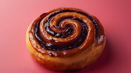 Fototapeta premium Cinnamon roll with chocolate inside the bun isolated on a red pink background