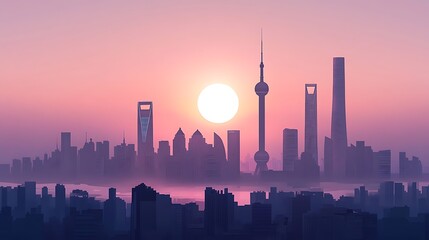 Fototapeta premium Shanghai skyline at sunrise. Silhouettes of skyscrapers and hazy morning light.