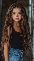 Fototapeta premium a happy girl with long curling hair posing for a magazine