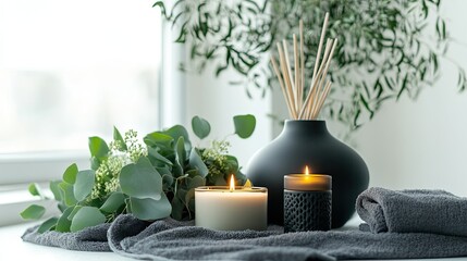 A modern spa arrangement with sleek black diffuser, scented candles, and fresh greens on a white background