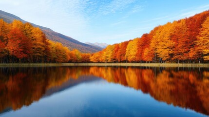 Fototapeta premium Autumn lake idea. Vibrant autumn foliage reflects on a tranquil lake under a clear blue sky.