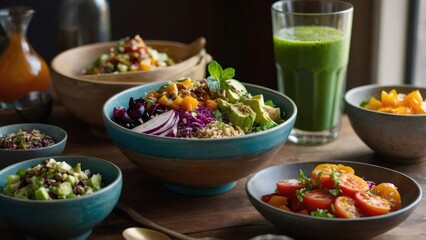 Colorful arrangement of healthy bowls and a green smoothie sitting on a rustic wooden table, promoting a balanced diet