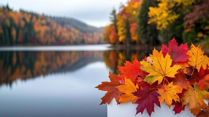 Autumn lake idea. Vibrant autumn leaves reflecting on calm water, showcasing nature's beauty and tranquility.