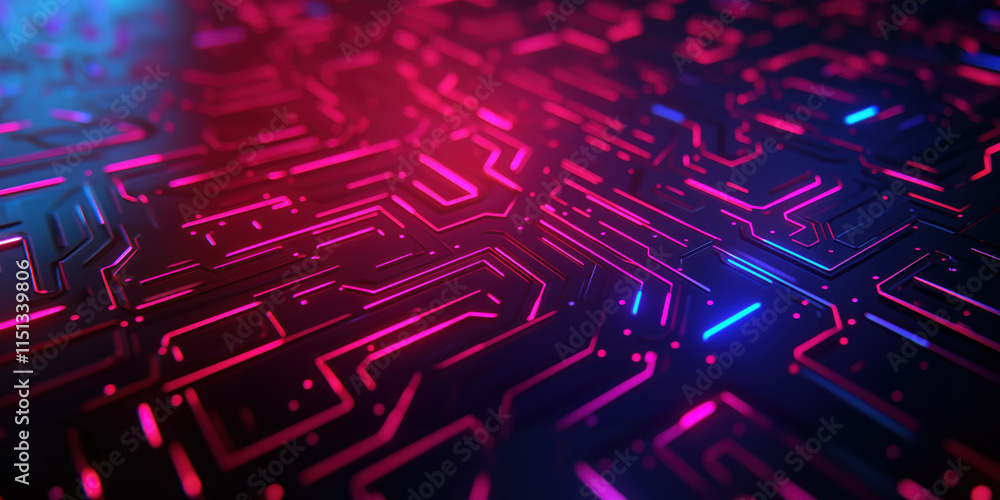 Poster futuristic glowing circuit board design with vibrant colors and patterns