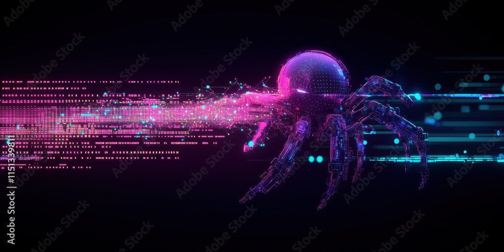 Poster web scraping spider bot illustration with digital elements and vibrant colors