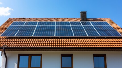 Naklejka premium Solar Panels on Modern House Roof with Red Tiles and Clear Blue Sky for Sustainable Energy Solutions
