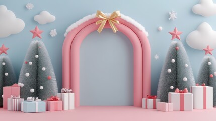  Festive Christmas Archway: A whimsical 3D rendering of a festive Christmas archway adorned with snowy pink arches, a gold bow, and charming Christmas trees.