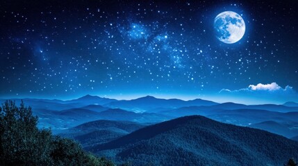 Naklejka premium A dreamy night sky featuring the radiant moon and scattered stars, overlooking a peaceful mountain range.