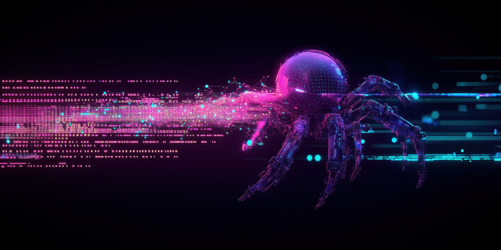 Web scraping spider bot illustration with digital elements and vibrant colors