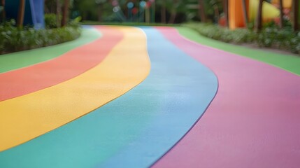 Vibrant Rainbow Pathway Connecting Nature and Joy in an Urban Park Setting for Everyone to Enjoy. Color Therapy Month Concept