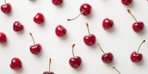 Fresh cherries arranged on a pristine white background, showcasing the vibrant color and natural allure of fresh cherries, perfect for highlighting the essence of fresh cherries in your projects.