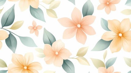 The image contains a seamless pattern of peach and pale yellow flowers and soft blue-green leaves on a white background.