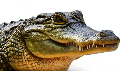 Fototapeta premium A crocodile smiling for the camera, isolated over a white background, showcasing its powerful jaws and fierce expression, symbolizing strength and dominance