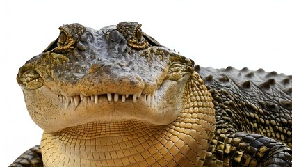 A crocodile smiling for the camera, isolated over a white background, showcasing its powerful jaws and fierce expression, symbolizing strength and dominance