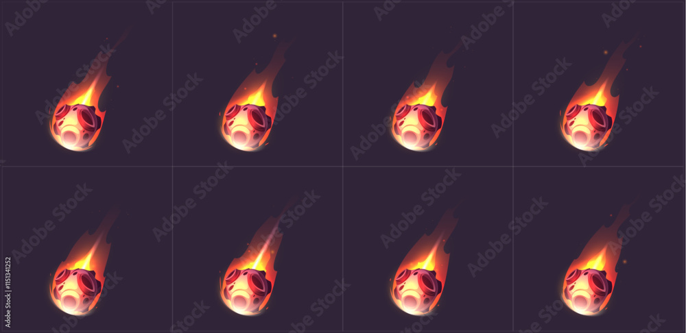 Poster burning asteroid animation sequence - blazing space rock with orange fire tail and glowing flames in
