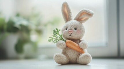 Obraz premium A stuffed bunny holding a tiny carrot placed on a white surface.