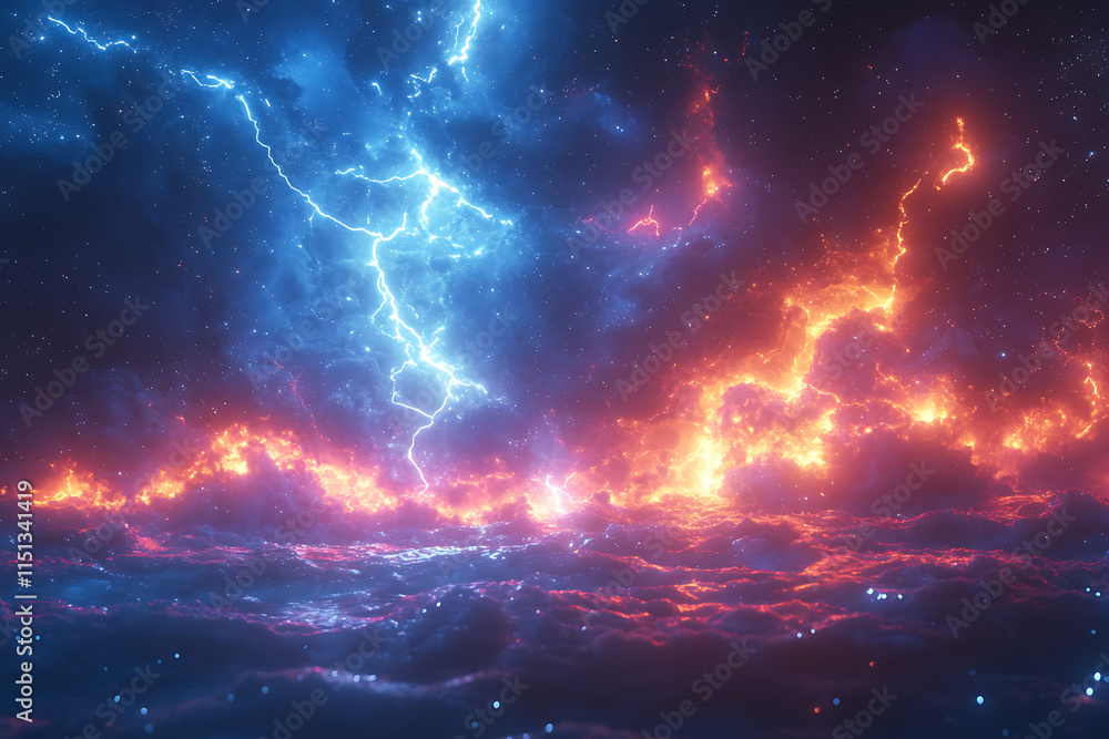 Poster cosmic scene featuring colorful lightning and clouds in a starry background.