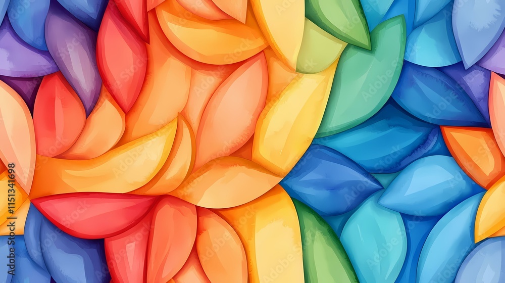 Poster the image contains a pattern of overlapping, petal-like shapes in a rainbow of colors.a medium descr