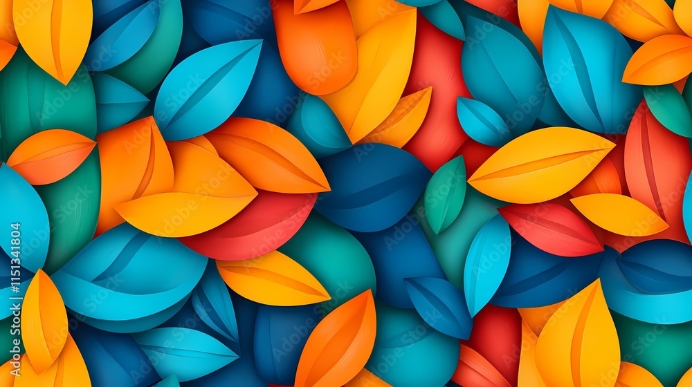 Poster the image contains a pattern of overlapping, stylized leaves in shades of orange, red, teal, and blu