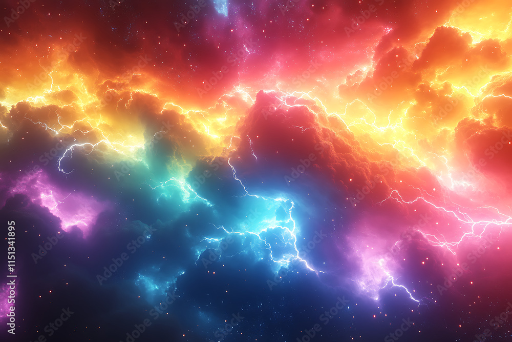 Poster cosmic scene featuring colorful lightning and clouds in a starry background.