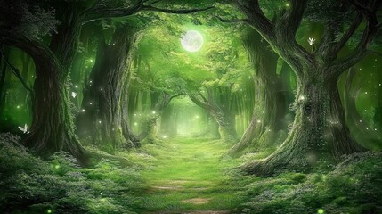 A forest clearing bathed in the ethereal glow of moonlight, surrounded by towering trees.