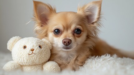 Adorable chihuahua puppy lying next to a plush teddy bear on a fluffy white blanket.