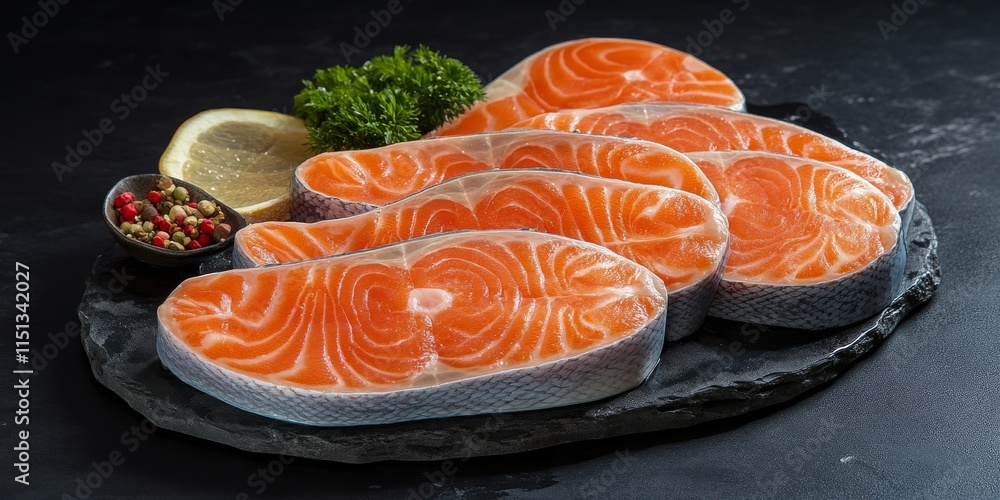 Poster fresh salmon steaks and slices beautifully arranged on display, showcasing the vibrant color and qua