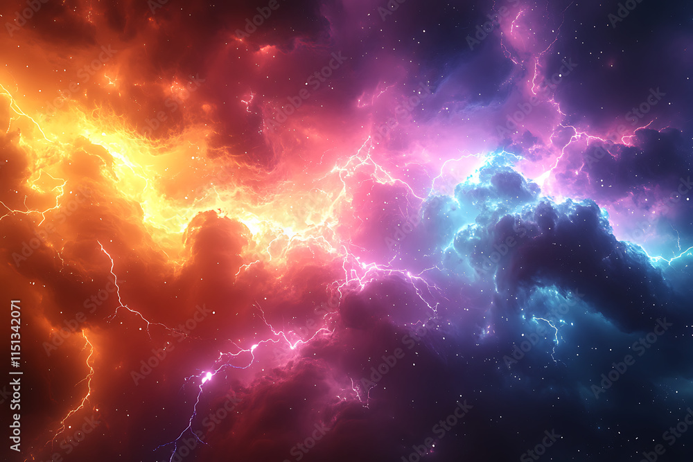 Poster cosmic scene featuring colorful lightning and clouds in a starry background.
