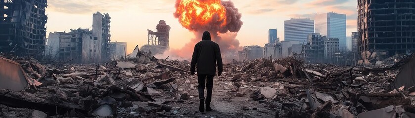 A lone survivor walking through a destroyed cityscape, nuclear bomb, haunting solitude