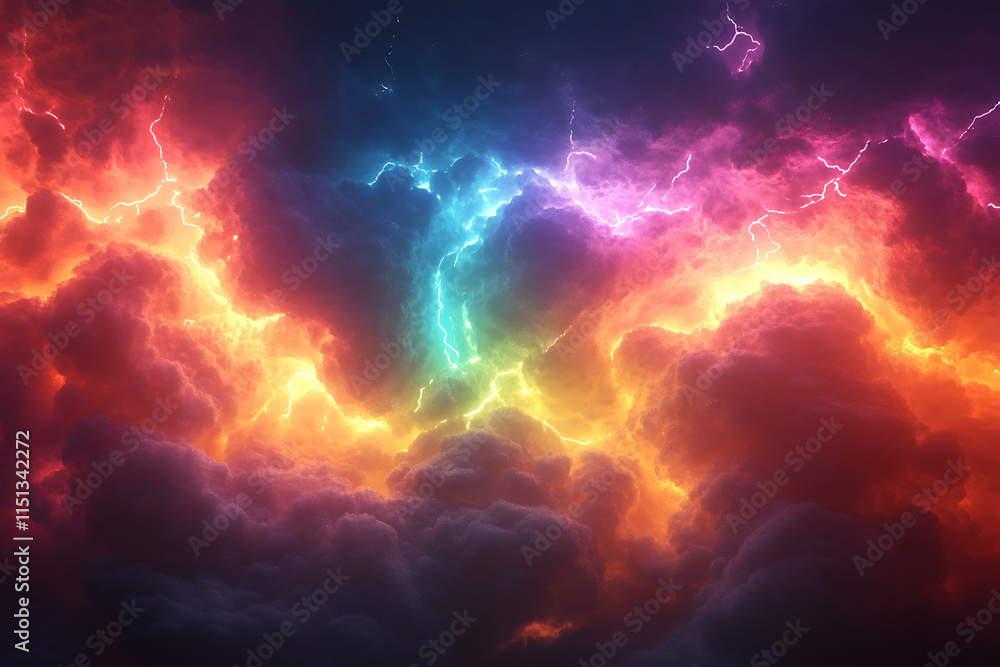 Poster cosmic scene featuring colorful lightning and clouds in a starry background.