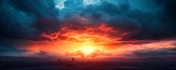 Obraz premium A radioactive glow illuminating dark clouds over a destroyed city, nuclear bomb, eerie beauty