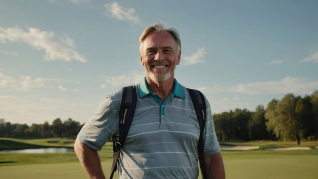 Portrait of a smiling senior golfer standing on a golf course on a sunny day