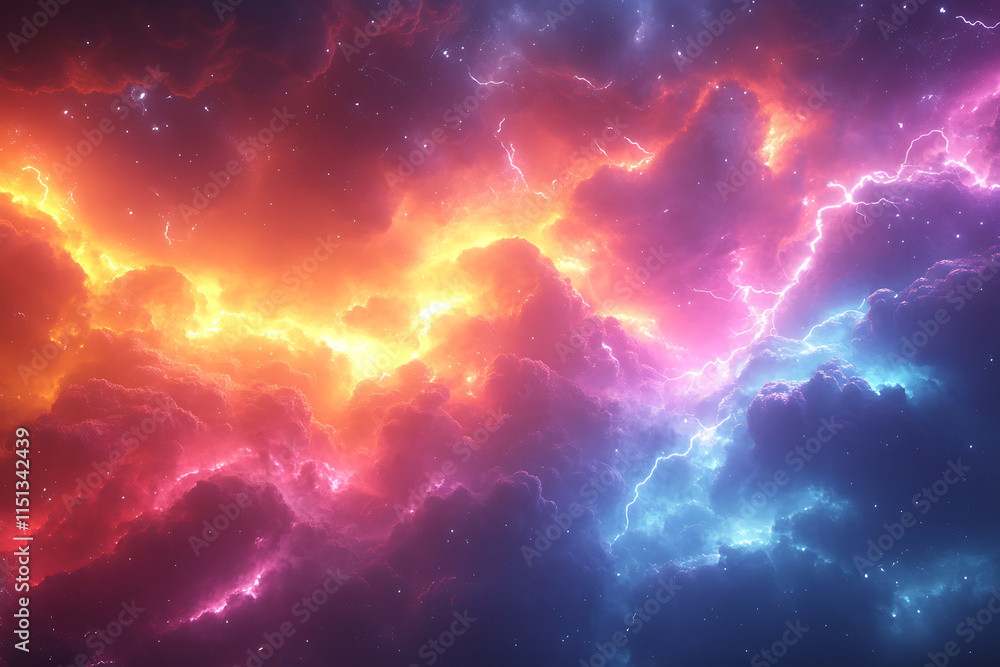 Poster cosmic scene featuring colorful lightning and clouds in a starry background.