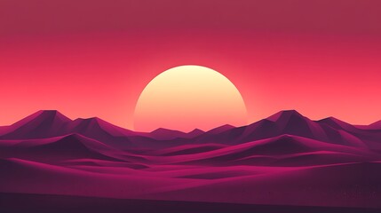Digital illustration of a vibrant sunset over a desert landscape with stylized mountains.