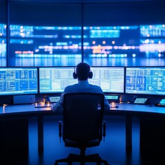 AI control center monitoring nuclear missile trajectories, nuclear bomb, machine oversight