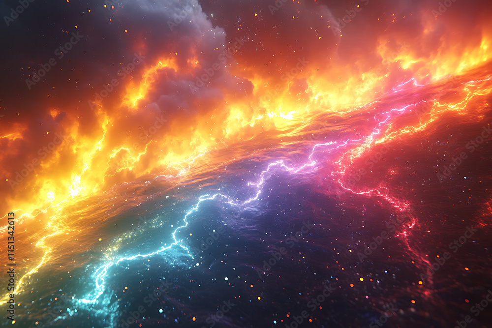Poster cosmic scene featuring colorful lightning and clouds in a starry background.