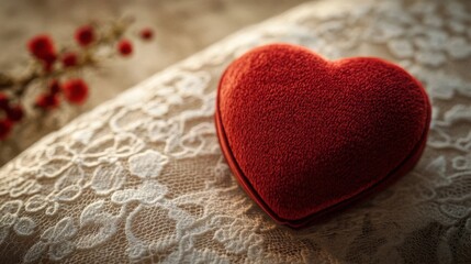 Fototapeta premium Red Velvet Heart Shaped Box On Lace Fabric