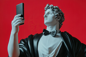 Statue taking a selfie against red background