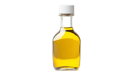 Clear Glass Bottle Filled with Yellow Oil Against White Background