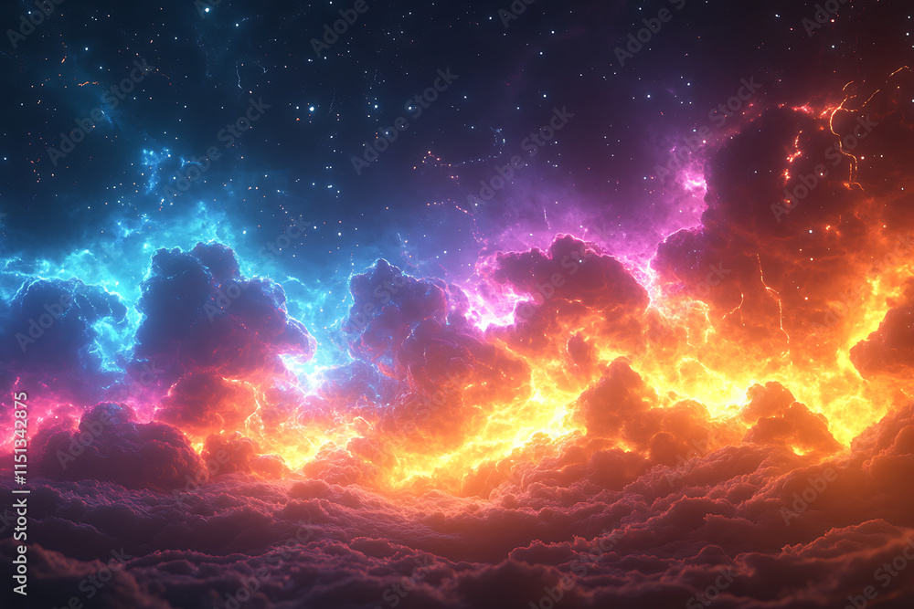 Aufkleber cosmic scene featuring colorful lightning and clouds in a starry background.