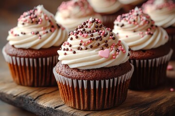 a delectable row of chocolate cupcakes topped with rich icing and heart-shaped sprinkles, artfully displayed against a rustic wooden backdrop, evoking sweetness