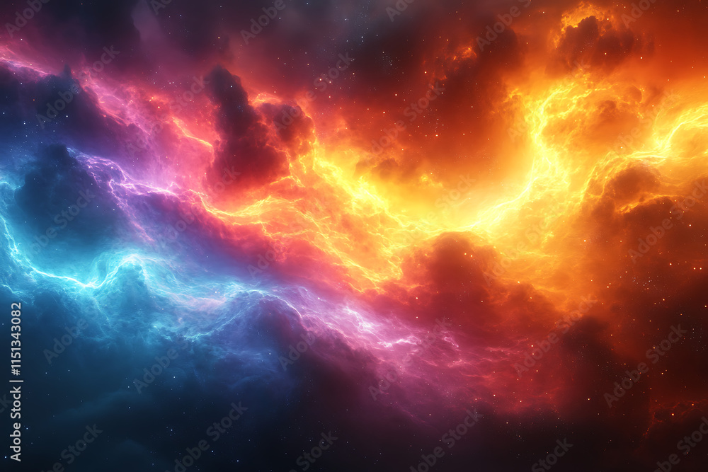Poster cosmic scene featuring colorful lightning and clouds in a starry background.